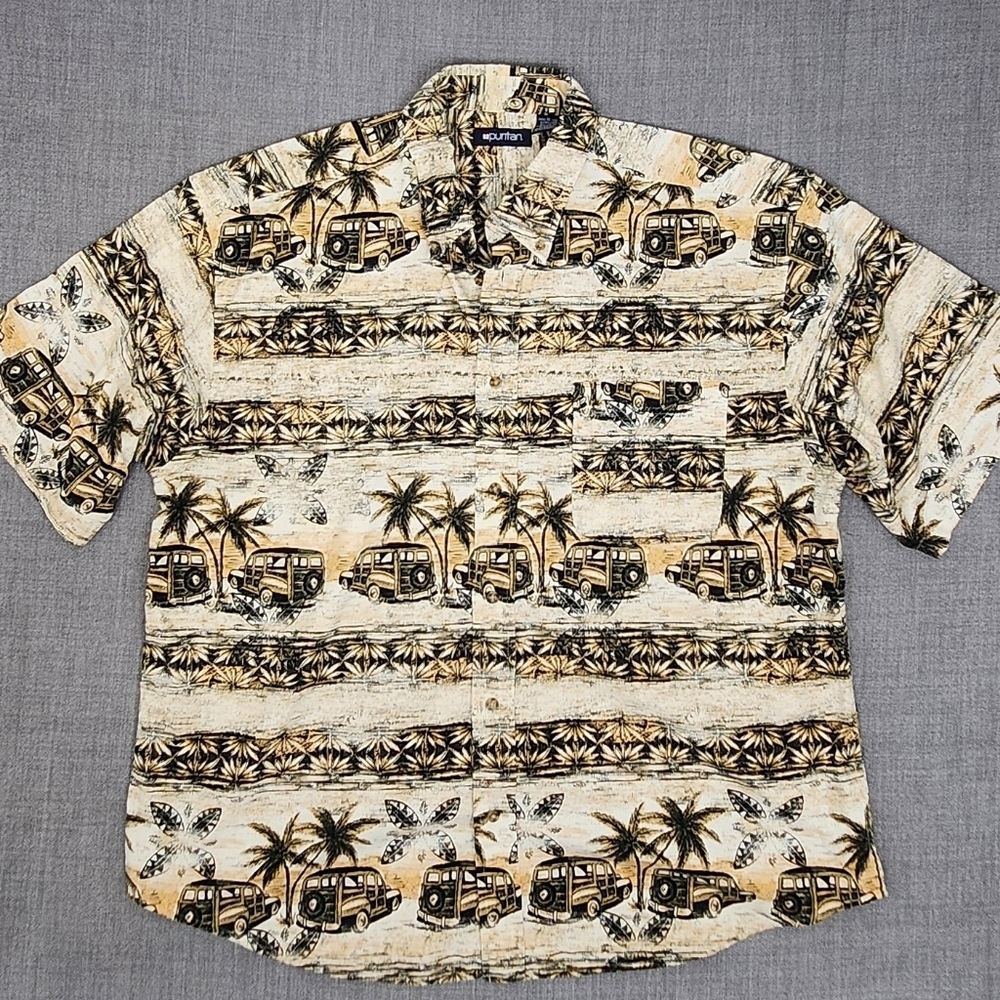 Vintage Puritan Palm Tree and Retro Van Print 100% Cotton Button Down Shirt